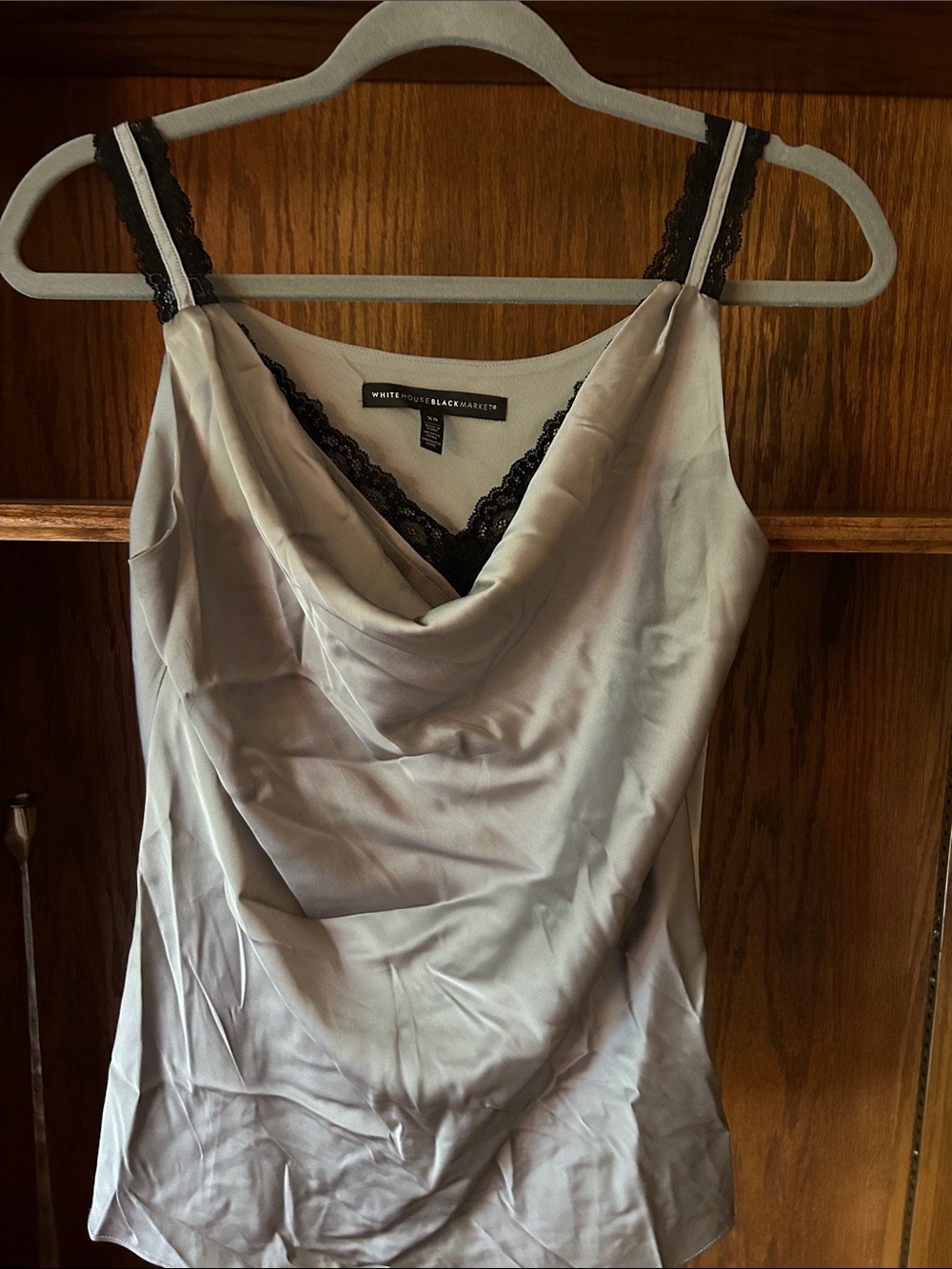 White House Black Market Grey Satin Cowl Neck Lace-Trim Camisole